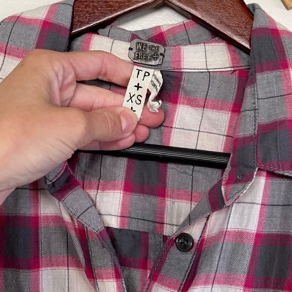 Free People Pink Gray Plaid Button Down Top - Picture 3 of 4